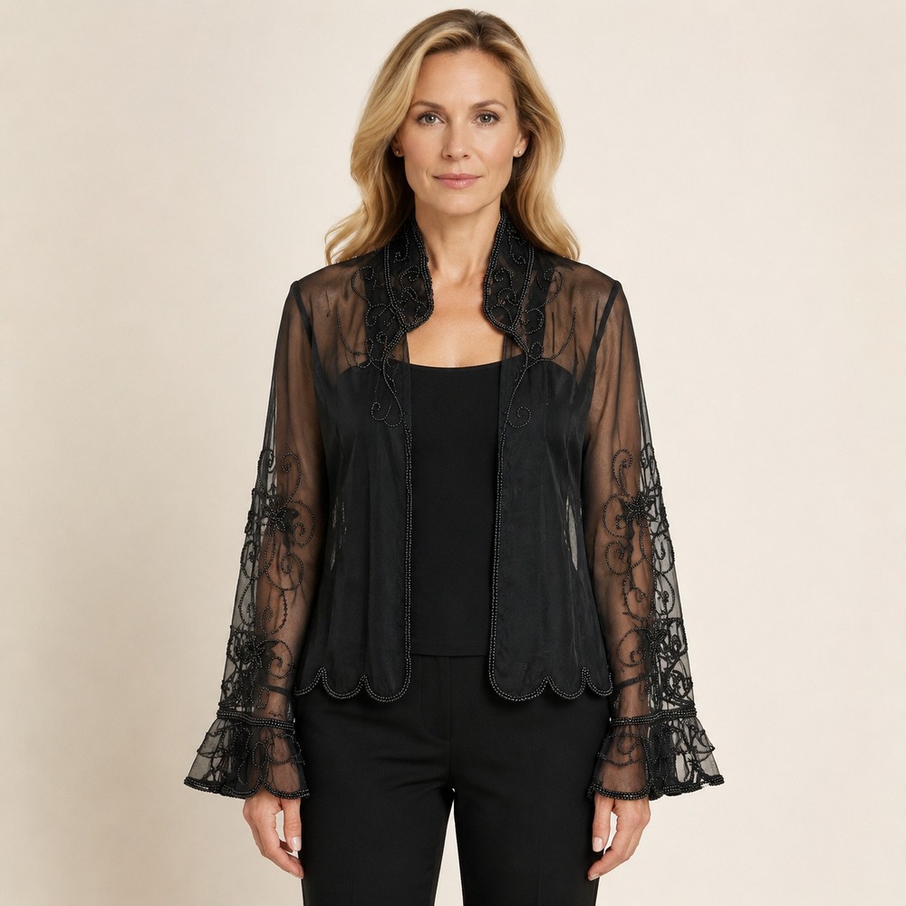 Adrianna Papell Evening Essentials Black Sheer Beaded Jacket Gothic Formal SZ PS